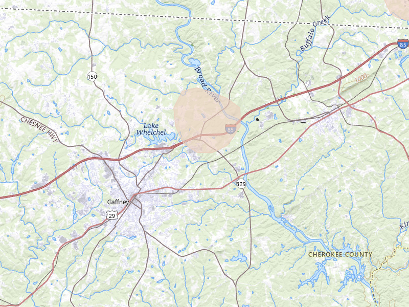 Radar-estimated hail-size map of the storm over Gaffney, SC on Aug 11, 2026