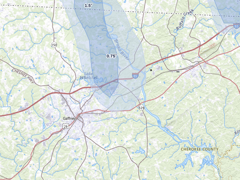 NEXRAD radar-signature map of the hail storm over Gaffney, SC on Aug 11, 2026