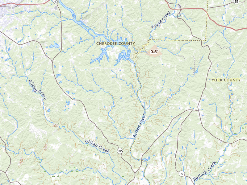 Radar-estimated hail-size map of the storm over Gaffney, SC on Aug 14, 2026