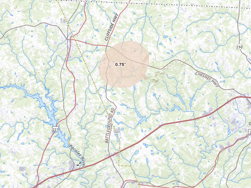 Radar-estimated hail-size map of the storm over Gaffney, SC on Aug 15, 2026