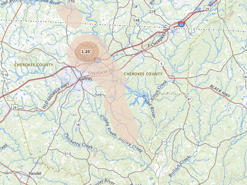 Radar-estimated hail-size map of the storm over Gaffney, SC