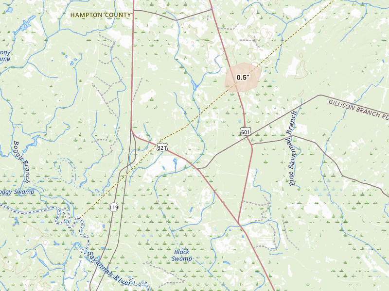 Radar-estimated hail-size map of the storm over Garnett, SC on Jul 5, 2026