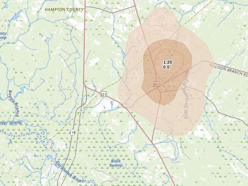 Radar-estimated hail-size map of the storm over Garnett, SC on Jul 24, 2026