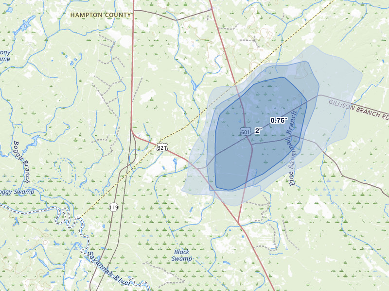 NEXRAD radar-signature map of the hail storm over Garnett, SC on Jul 24, 2026