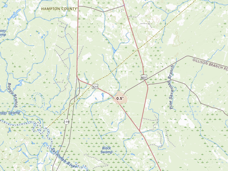 Radar-estimated hail-size map of the storm over Garnett, SC on Aug 6, 2026
