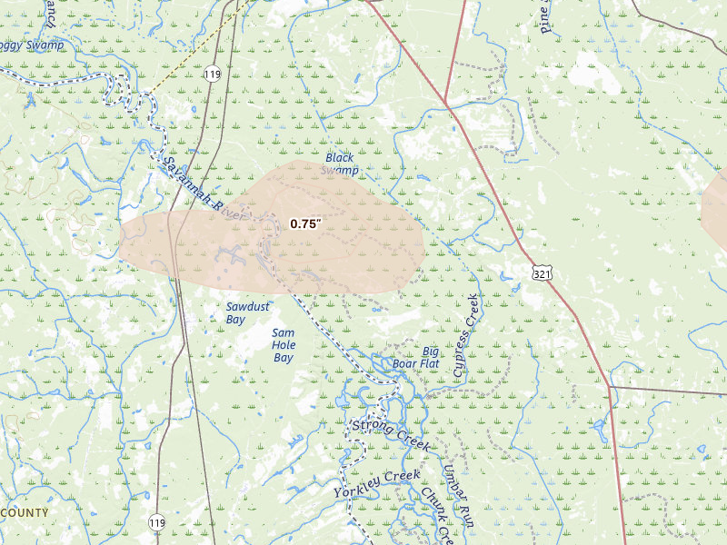 Radar-estimated hail-size map of the storm over Garnett, SC on Aug 11, 2026