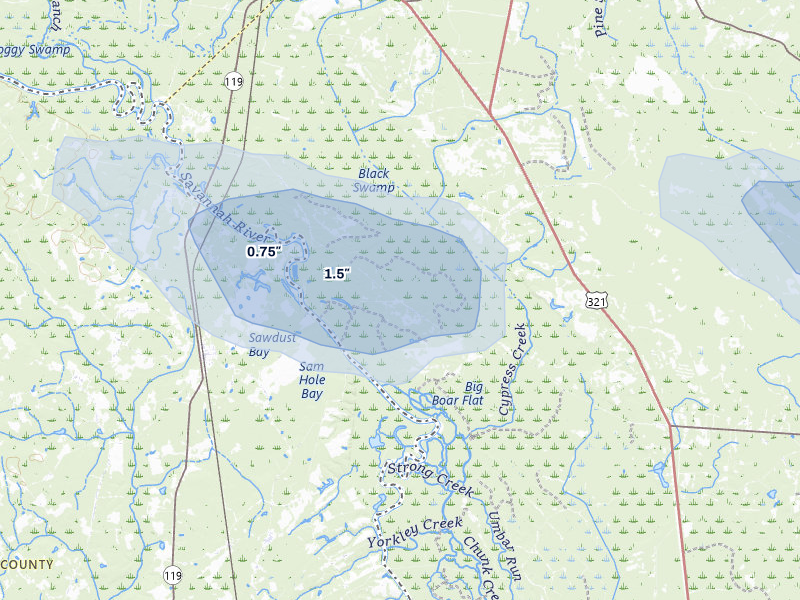 NEXRAD radar-signature map of the hail storm over Garnett, SC on Aug 11, 2026