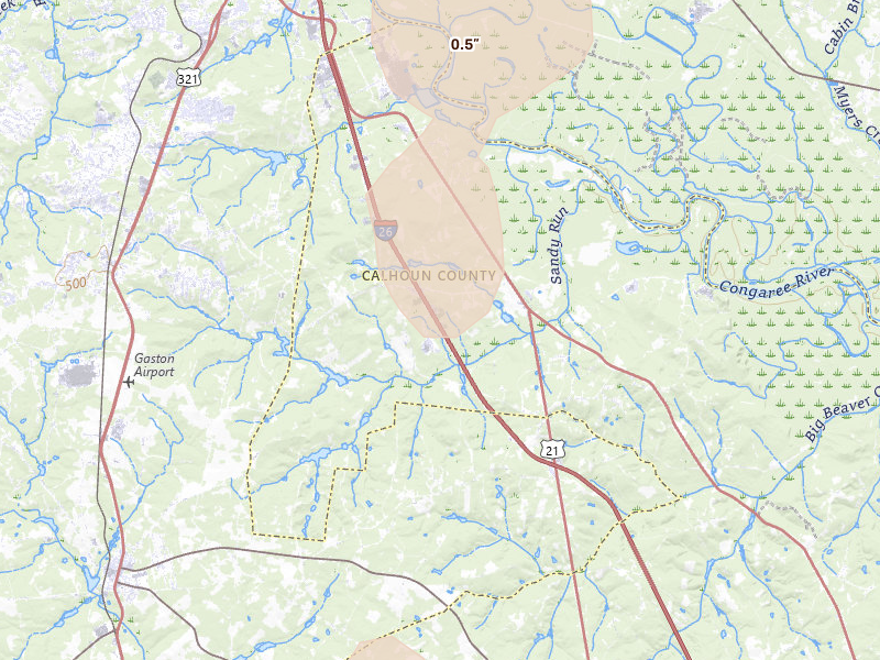 Radar-estimated hail-size map of the storm over Gaston, SC