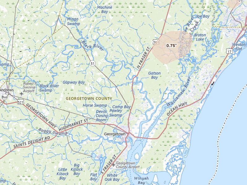 Radar-estimated hail-size map of the storm over Georgetown, SC on Jun 14, 2026