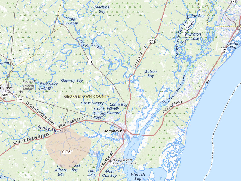 Radar-estimated hail-size map of the storm over Georgetown, SC on Jul 5, 2026