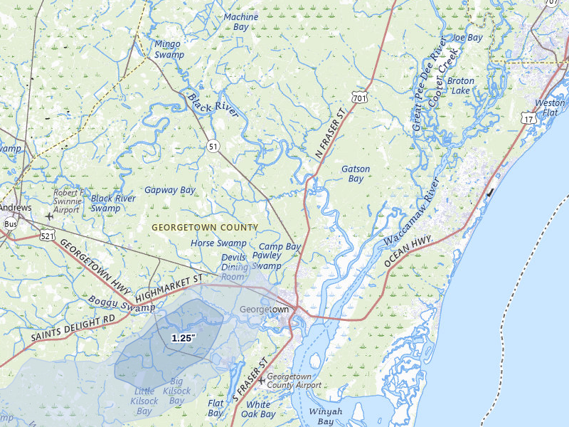 NEXRAD radar-signature map of the hail storm over Georgetown, SC on Jul 5, 2026