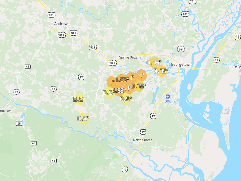 Hail map of Georgetown, SC on Jul 5, 2026, hail up to 1.25"