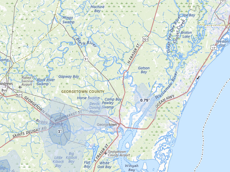 NEXRAD radar-signature map of the hail storm over Georgetown, SC on Jul 6, 2026
