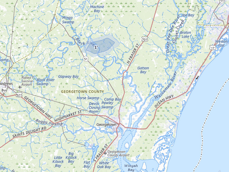 NEXRAD radar-signature map of the hail storm over Georgetown, SC on Jul 11, 2026