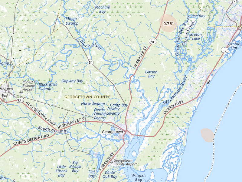 Radar-estimated hail-size map of the storm over Georgetown, SC on Jul 24, 2026