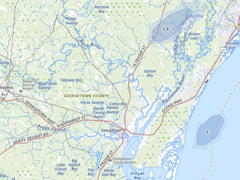 NEXRAD radar-signature map of the hail storm over Georgetown, SC on Jul 24, 2026