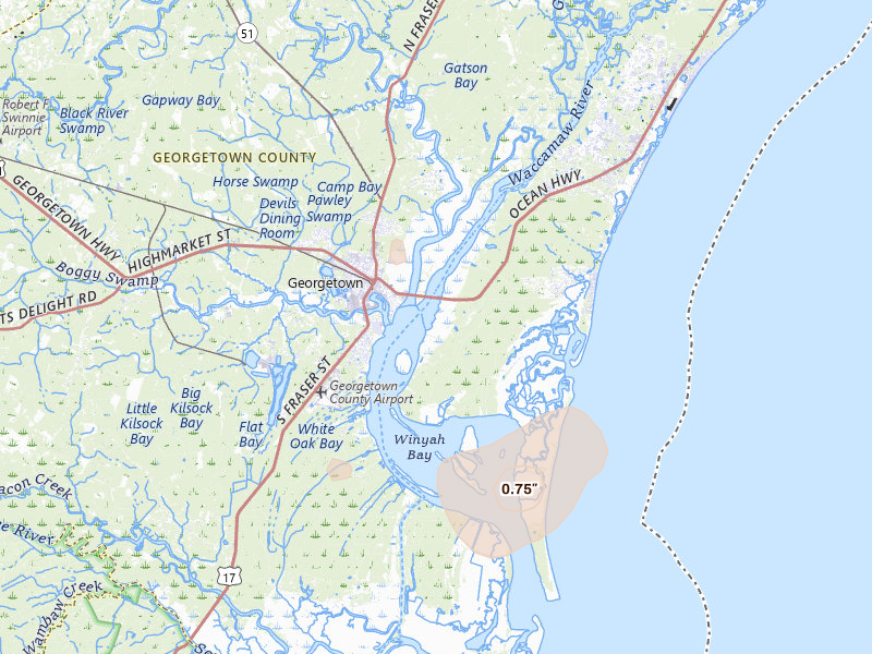 Radar-estimated hail-size map of the storm over Georgetown, SC on Aug 10, 2026