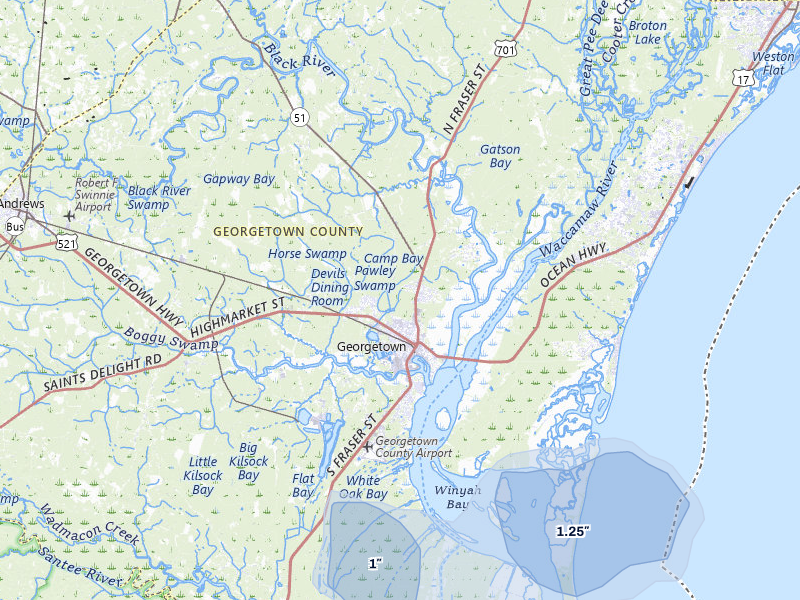 NEXRAD radar-signature map of the hail storm over Georgetown, SC on Aug 10, 2026