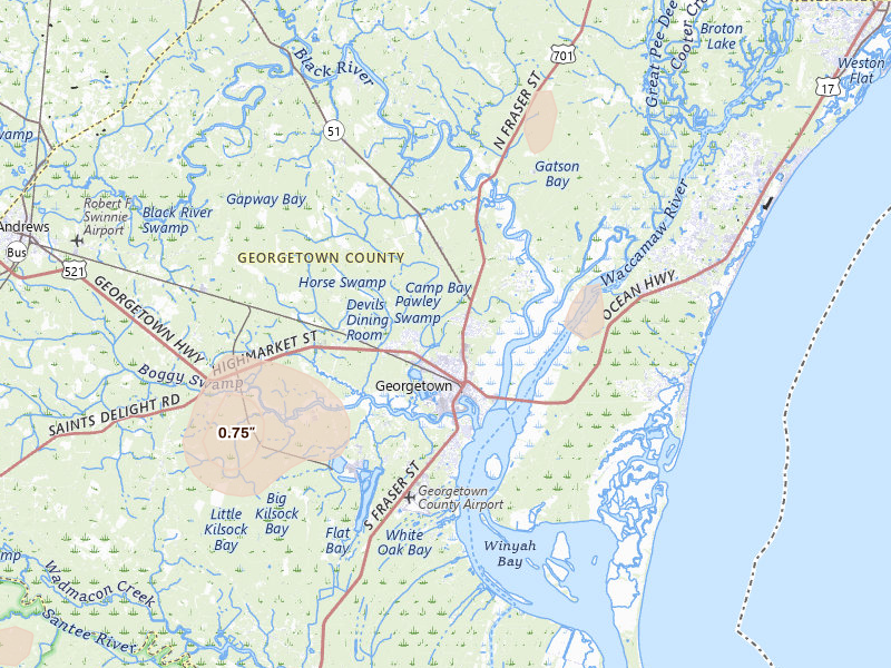 Radar-estimated hail-size map of the storm over Georgetown, SC on Aug 15, 2026