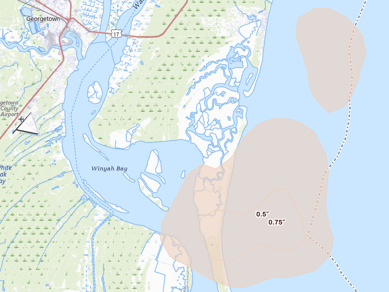 Radar-estimated hail-size map of the storm over Georgetown, SC on Aug 24, 2026
