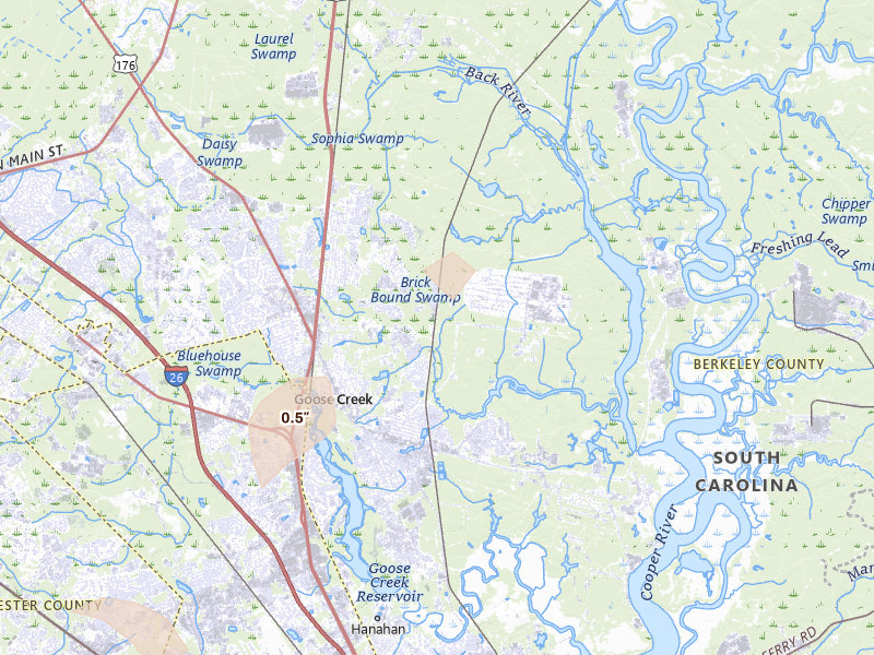 Radar-estimated hail-size map of the storm over Goose Creek, SC on Mar 15, 2026