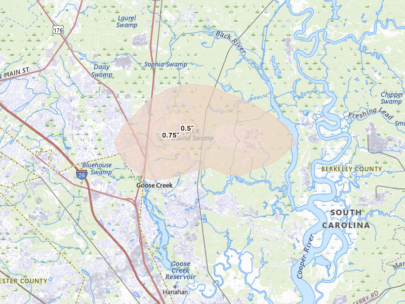 Radar-estimated hail-size map of the storm over Goose Creek, SC on Jul 7, 2026