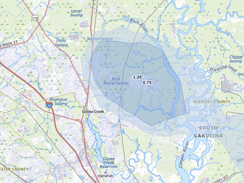 NEXRAD radar-signature map of the hail storm over Goose Creek, SC on Jul 7, 2026