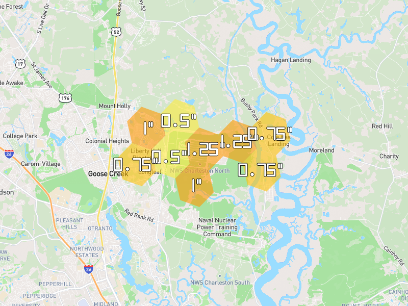 Hail map of Goose Creek, SC on Jul 7, 2026, hail up to 1.25"