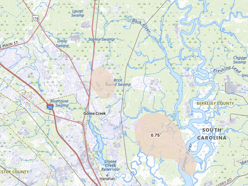 Radar-estimated hail-size map of the storm over Goose Creek, SC on Aug 13, 2026