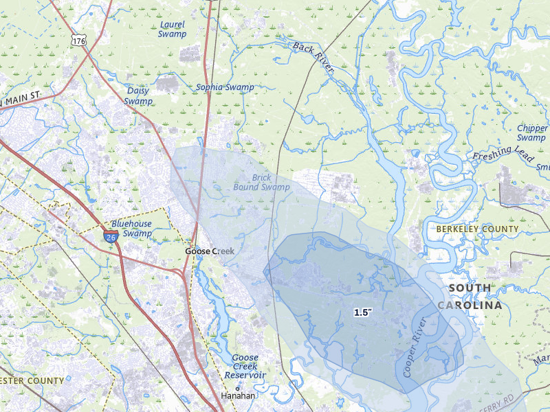 NEXRAD radar-signature map of the hail storm over Goose Creek, SC on Aug 13, 2026