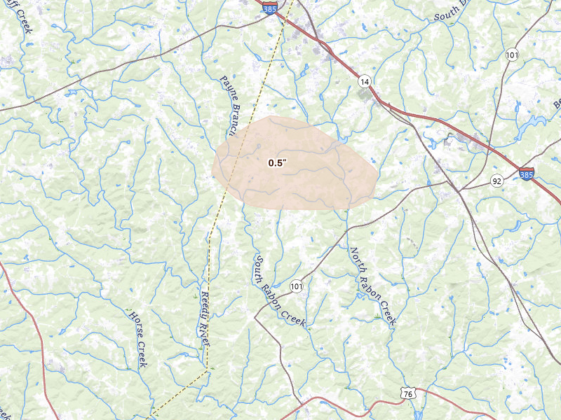 Radar-estimated hail-size map of the storm over Gray Court, SC on Aug 12, 2026