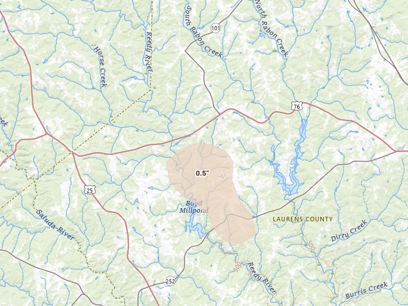 Radar-estimated hail-size map of the storm over Gray Court, SC on Sep 5, 2026