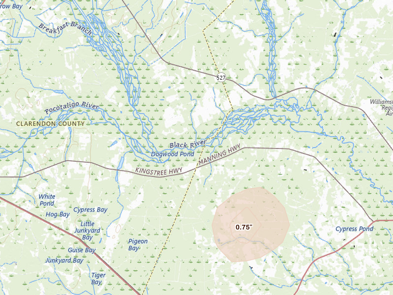 Radar-estimated hail-size map of the storm over Greeleyville, SC on Aug 20, 2026