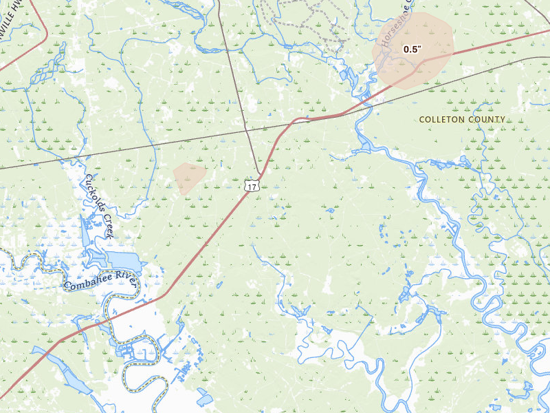 Radar-estimated hail-size map of the storm over Green Pond, SC on Mar 8, 2026