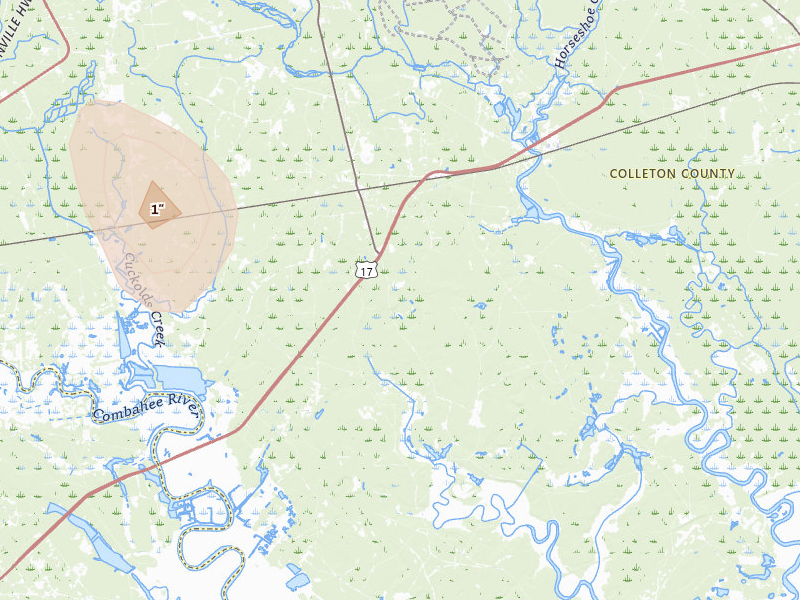Radar-estimated hail-size map of the storm over Green Pond, SC on Jun 12, 2026