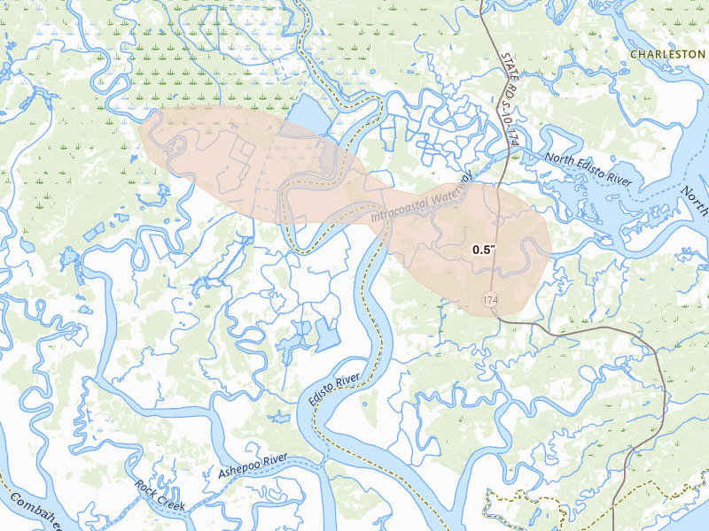 Radar-estimated hail-size map of the storm over Green Pond, SC on Aug 11, 2026