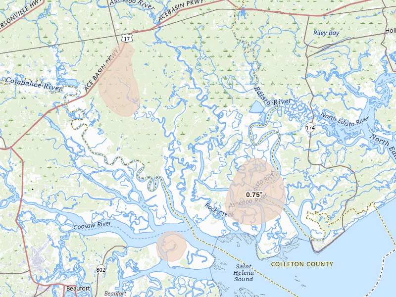 Radar-estimated hail-size map of the storm over Green Pond, SC on Aug 13, 2026