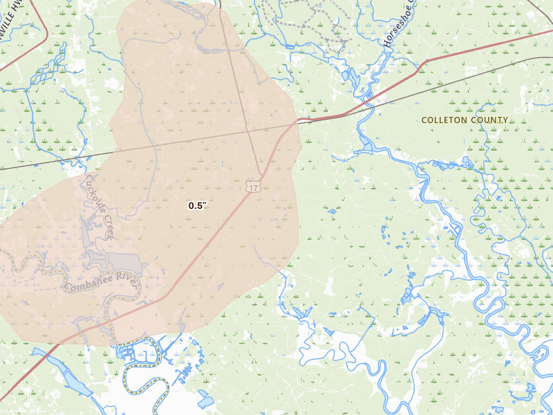Radar-estimated hail-size map of the storm over Green Pond, SC on Aug 22, 2026