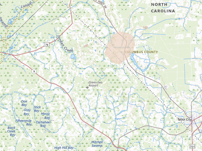 Radar-estimated hail-size map of the storm over Green Sea, SC on Jul 6, 2026