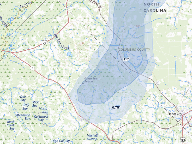 NEXRAD radar-signature map of the hail over Green Sea, SC