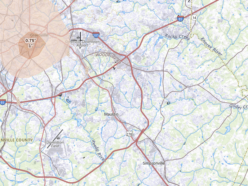 Radar-estimated hail-size map of the storm over Greenville, SC on Jul 2, 2026