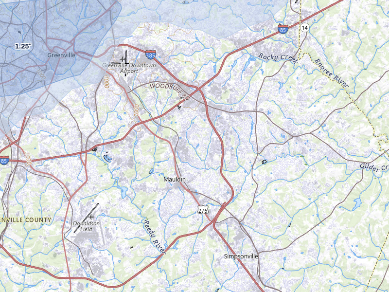 NEXRAD radar-signature map of the hail over Greenville, SC