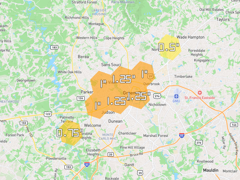 Hail map of Greenville, SC on Jul 2, 2026, hail up to 1.25"