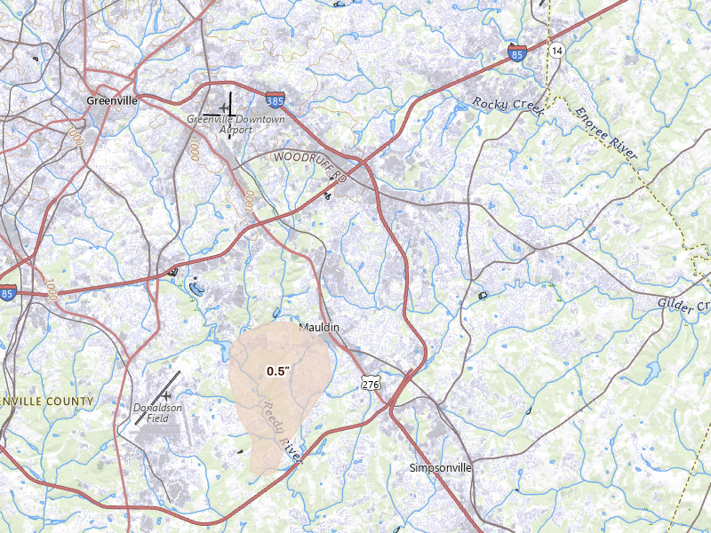 Radar-estimated hail-size map of the storm over Greenville, SC on Jul 16, 2026