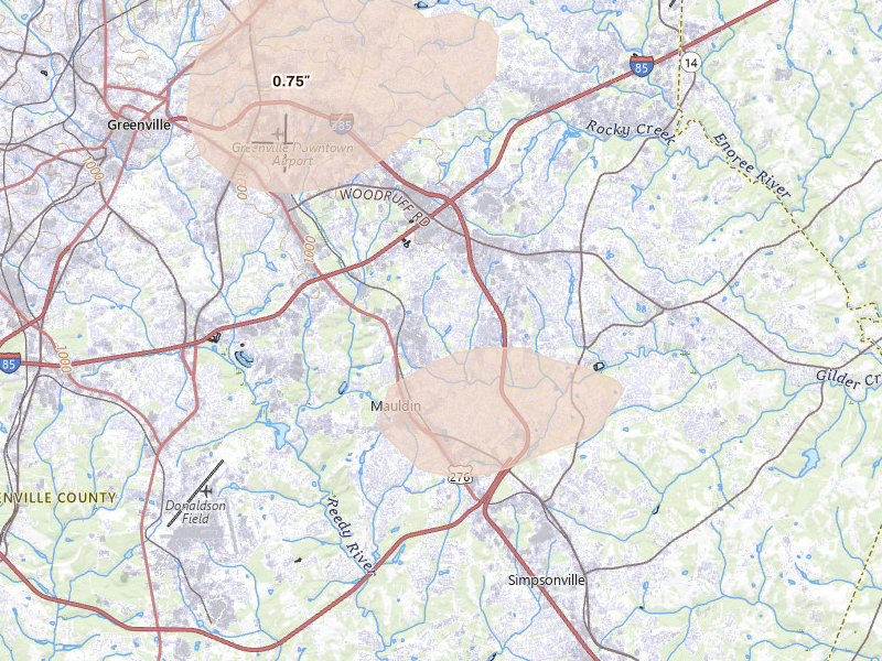 Radar-estimated hail-size map of the storm over Greenville, SC on Aug 11, 2026