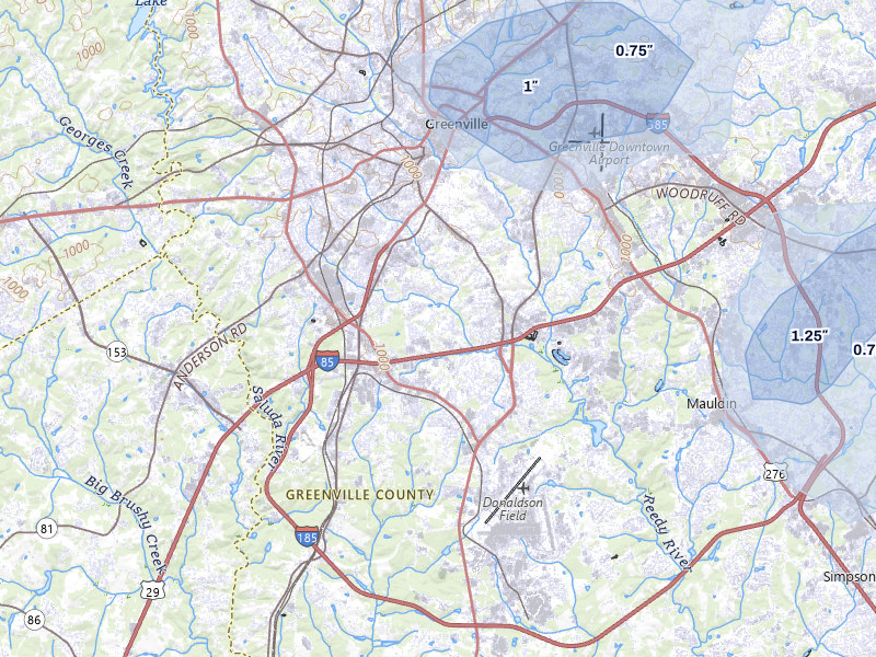 NEXRAD radar-signature map of the hail storm over Greenville, SC on Aug 11, 2026