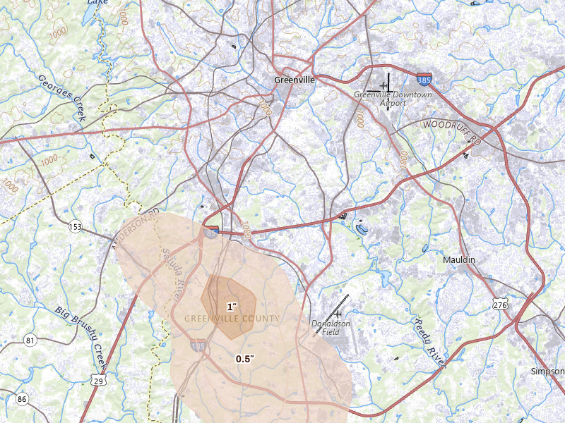 Radar-estimated hail-size map of the storm over Greenville, SC on Aug 12, 2026