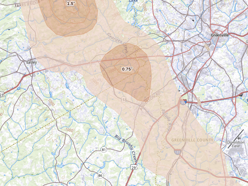 Radar-estimated hail-size map of the storm over Greenville, SC