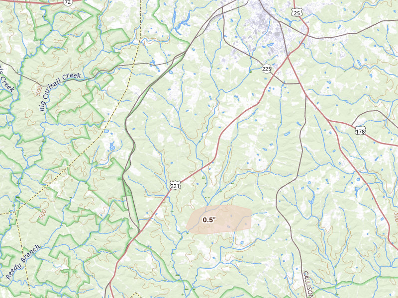 Radar-estimated hail-size map of the storm over Greenwood, SC on Jun 27, 2026