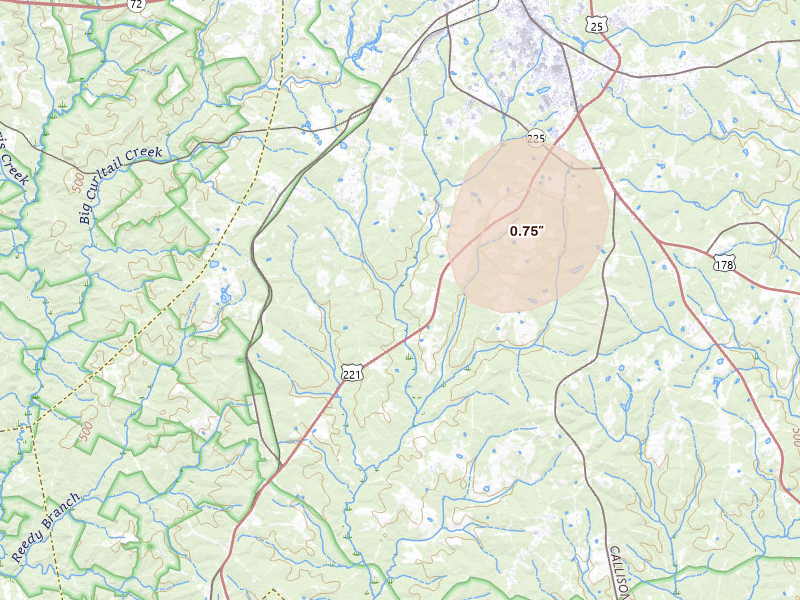Radar-estimated hail-size map of the storm over Greenwood, SC on Jul 2, 2026